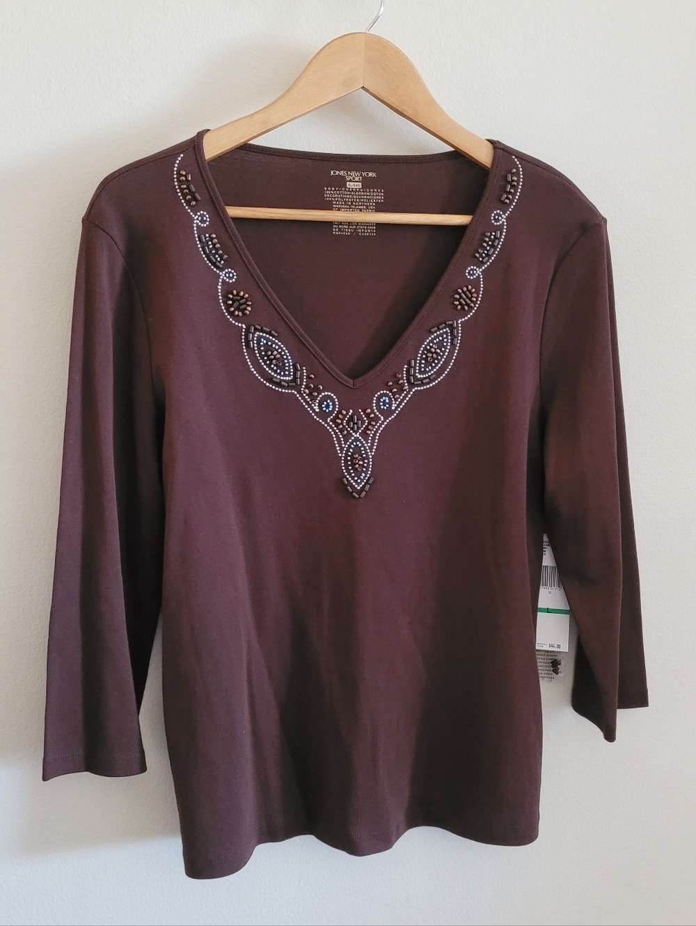 Jones New York Bead Trimmed Vneck Top, Women's XL, Chocolate Brown